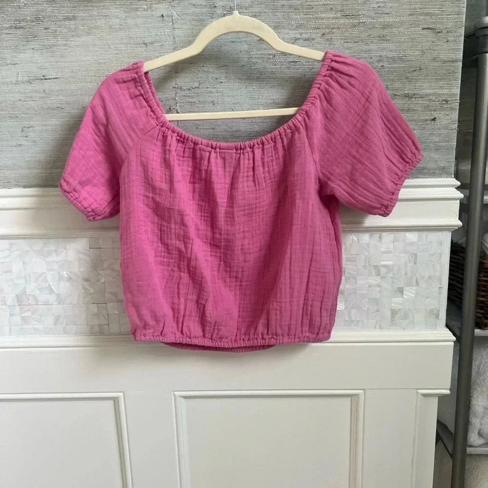 NWT new old navy Double-Weave Cropped Puff-Sleeve Top Girls XL 14-16 pink rose